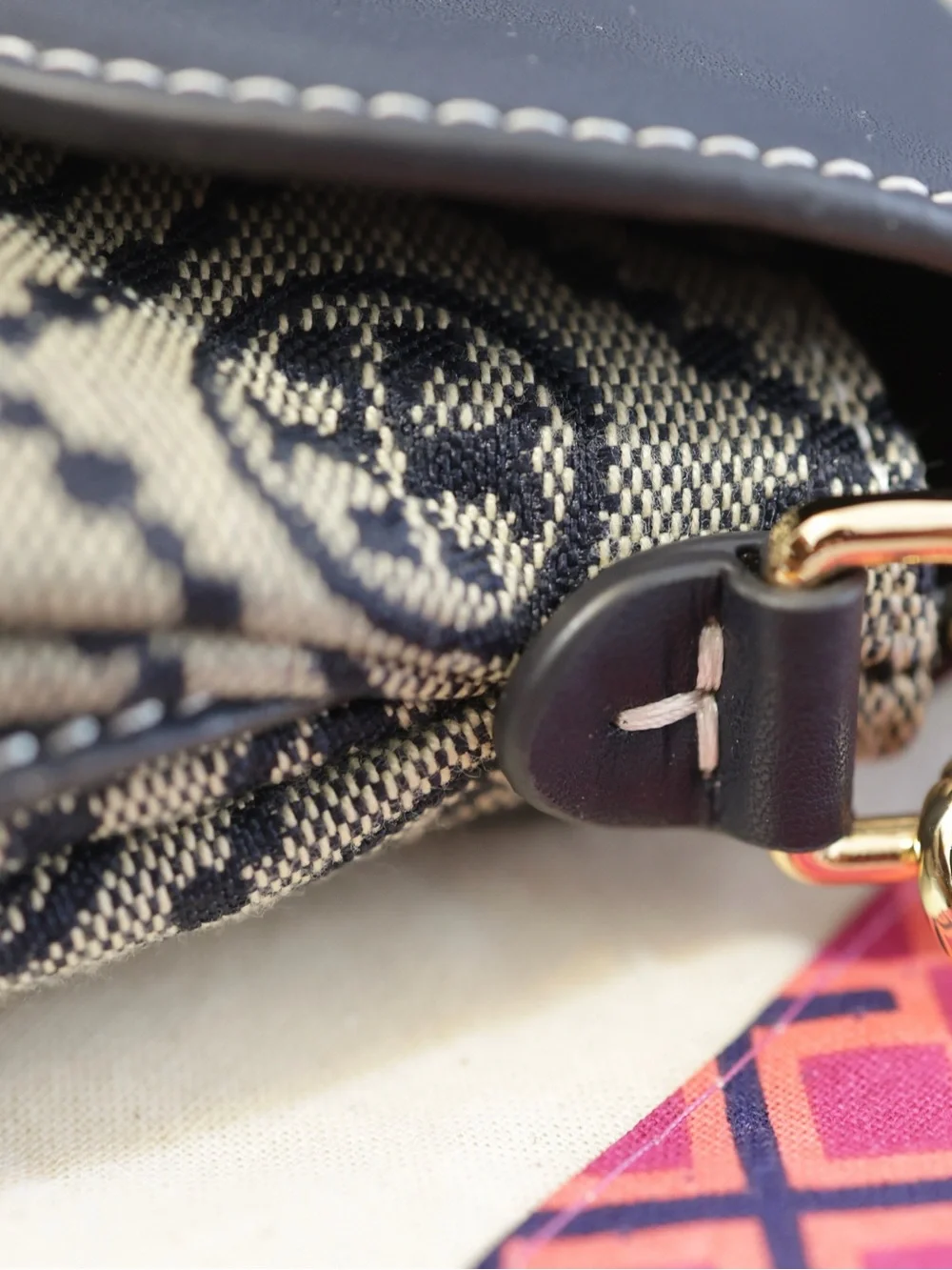 Tory Burch Navy & Beige Crossbody Bag with Gold Buckle